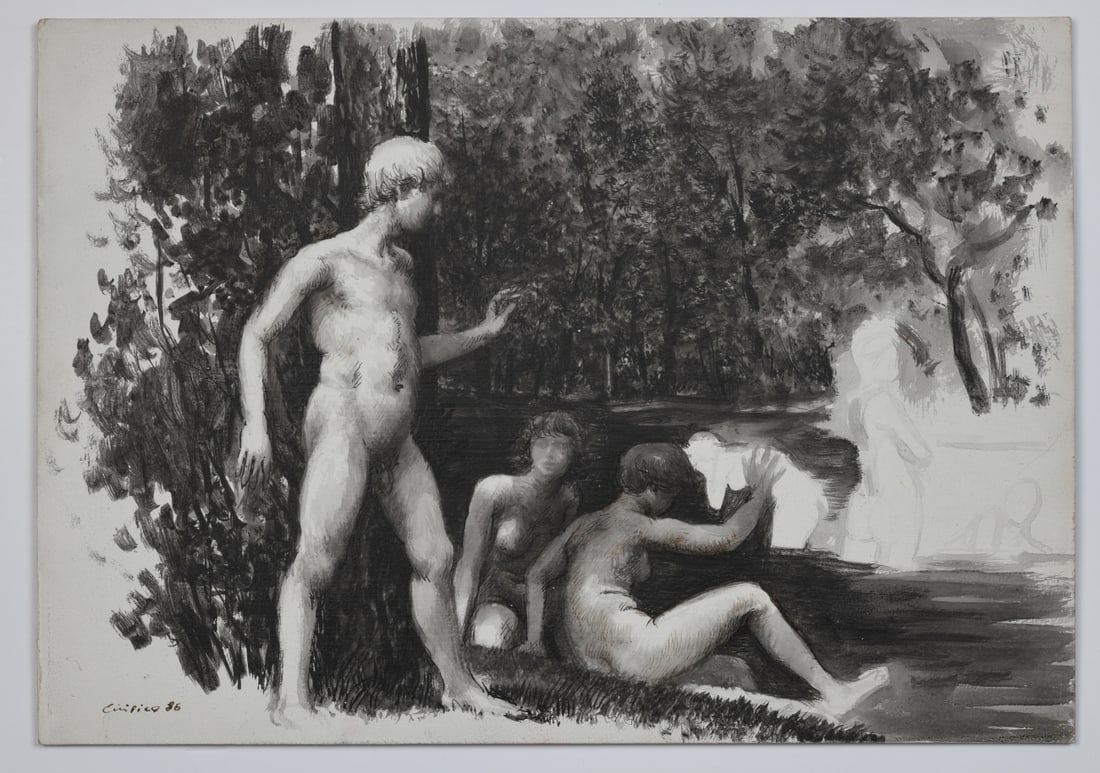 Bruno Civitico (American, 1942-2019): Mixed media on artist’s board, signed and dated “Civitico 86” at lower left, depicting three nude figures in a wooded landscape beside water. Unframed. Approx. 15" x 10 1/2". Provenance: