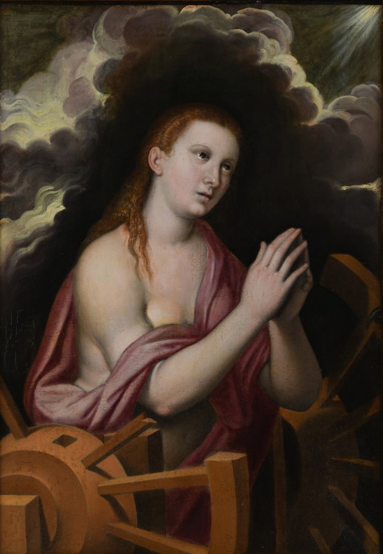Old Master Painting – St. Catherine of Alexandria: Oil on walnut panel depicting Saint Catherine of Alexandria in prayer beside the broken wheel of her martyrdom. The saint is shown half-length with flowing red hair against a dramatic cloud-filled bac