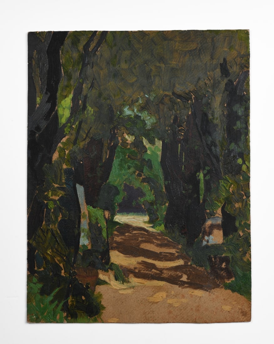 Josef Lacina (Austrian, 1899–1975) Oil / Cardboard: Oil on Cardboard landscape. Signed, dated and inscribed to verso, “Hartmannsdorfer Friedhof im Mai 1919.” Unframed. Dimensions approx. 15 1/8" x 11 1/2". Provenance: The Collection of David B.