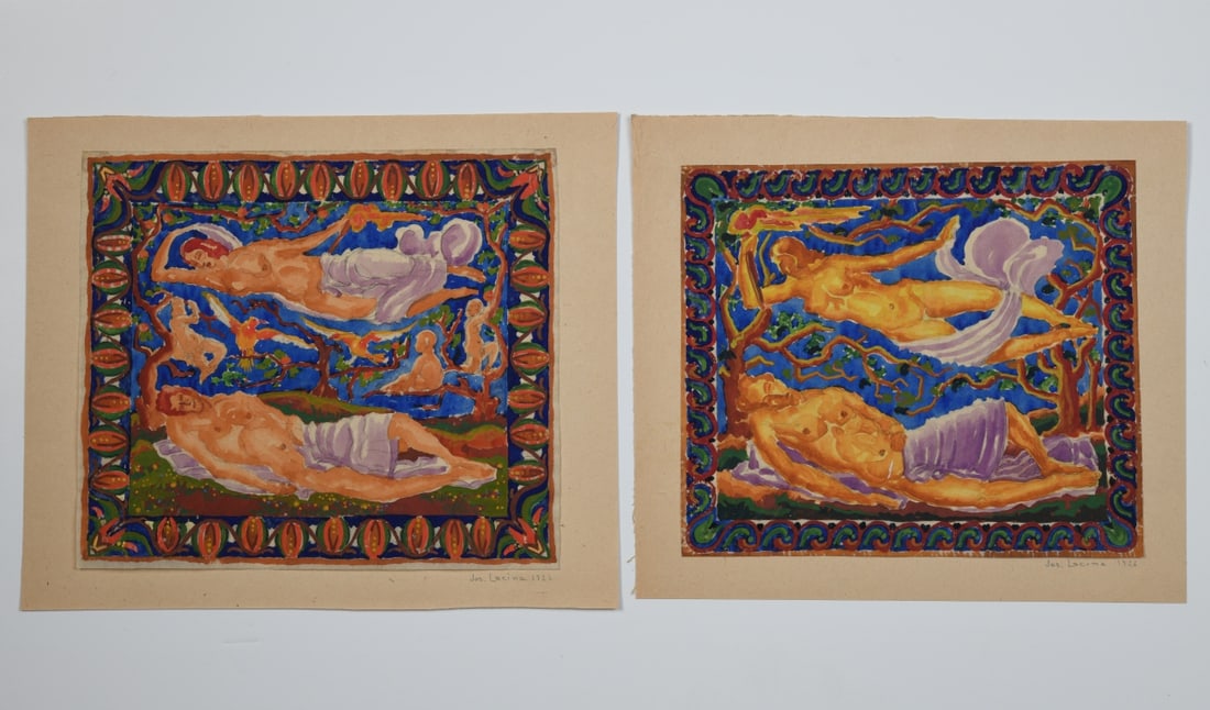Josef Lacina (Austrian, 1899–1975) 2 Watercolors: Two watercolors on paper, each signed and dated Jos. Lacina 1926. Both depicting stylized reclining and standing nude figures within richly ornamented borders of scrolling foliage and fruit motifs. Un
