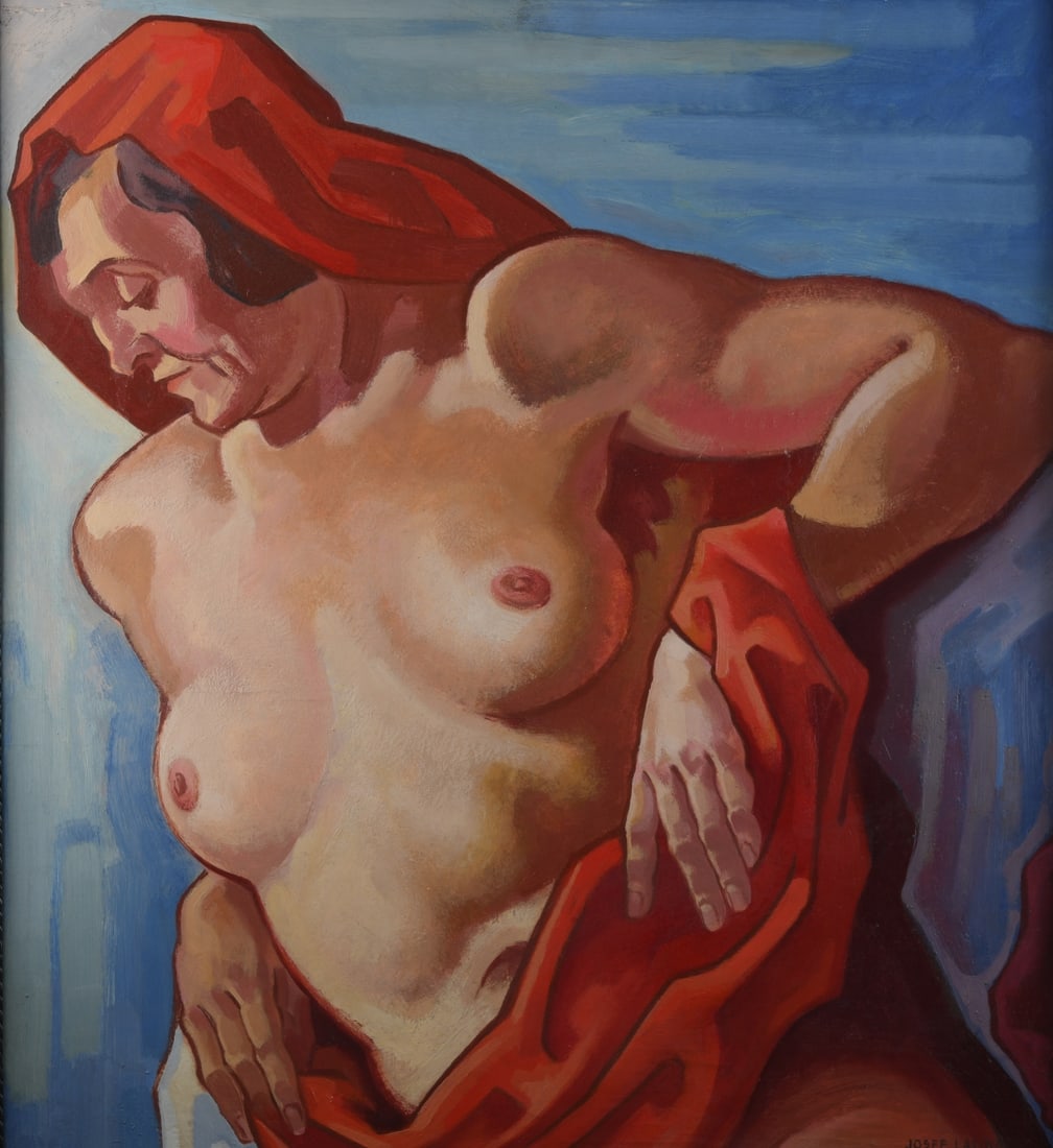 Josef Lacina (Austrian, 1899–1975) Oil on Panel: Depicting a reclining female nude partially draped in red fabric against a blue ground, signed lower right, framed. Josef Lacina (Czech / Austrian, 1899 - 1975) was a Central European painter known fo