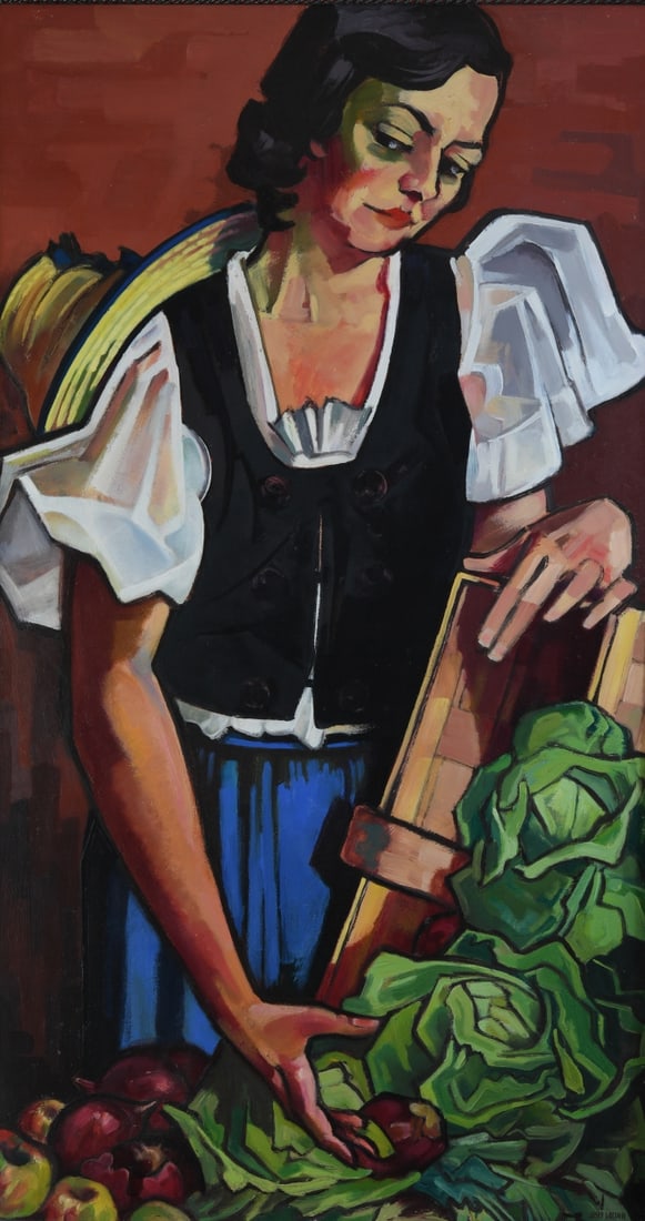 Josef Lacina (Austrian, 1899–1975) Oil on Masonite: Depicting a woman in traditional dress holding a cabbage beside a wooden crate of vegetables, signed lower right, framed, minor damage to frame. Josef Lacina (Czech / Austrian, 1899 - 1975) was a Cent