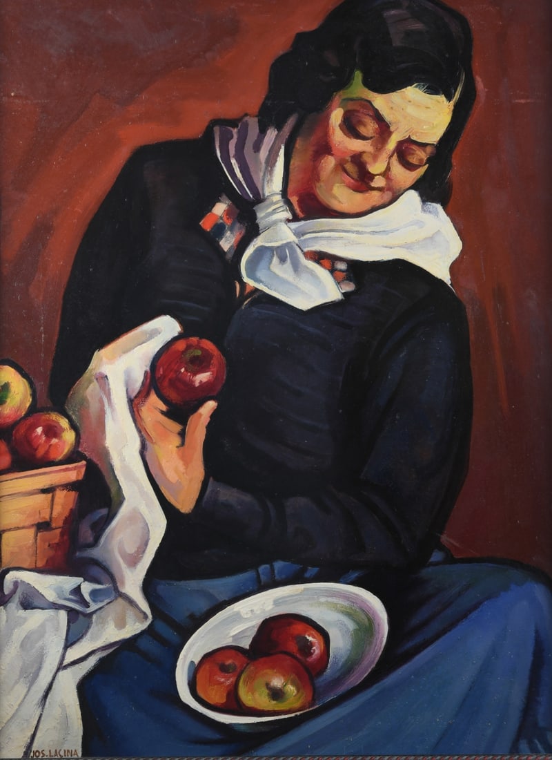 Josef Lacina (Austrian, 1899–1975) Oil on Masonite: Depicting a seated woman holding an apple beside a basket and plate of fruit against a red ground, signed lower left, framed. Josef Lacina (Czech / Austrian, 1899 - 1975) was a Central European painte