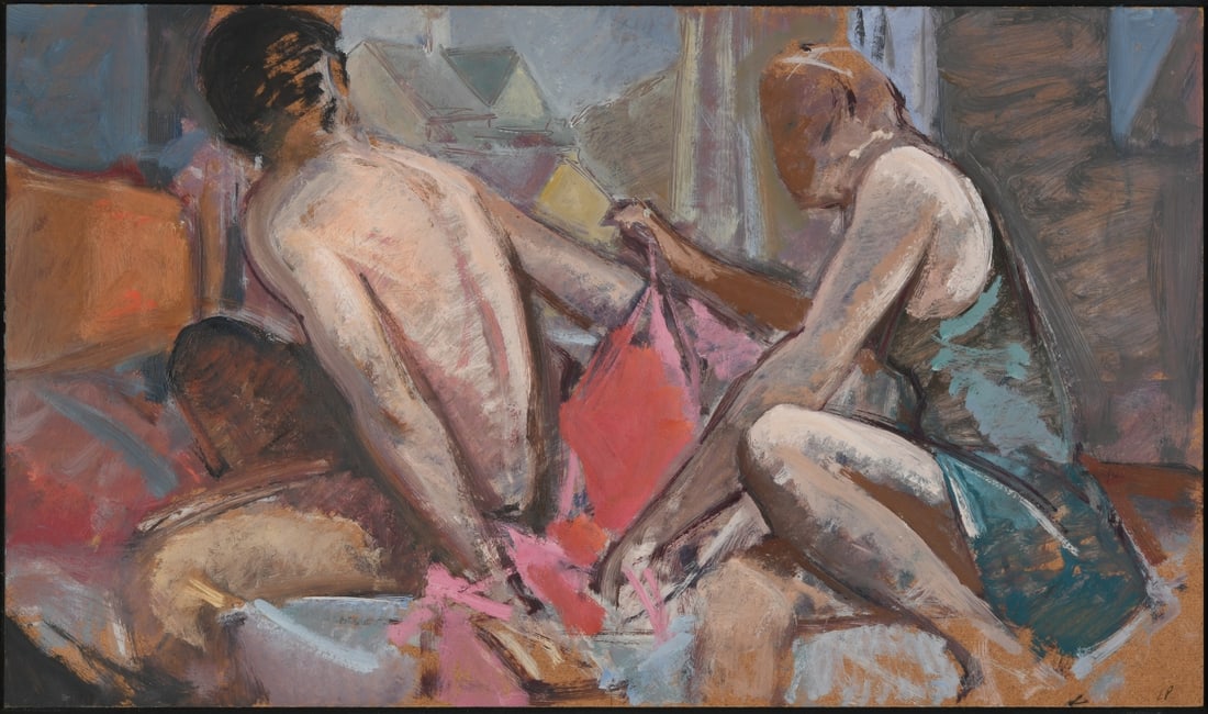 Lincoln Perry (b. 1949) Oil on Masonite: Two figures in an interior, one reclining nude and the other seated beside the figure, signed LP lower right, framed. Lincoln Perry is a Post Modernist, known for his murals in Old Cabell Hall at the