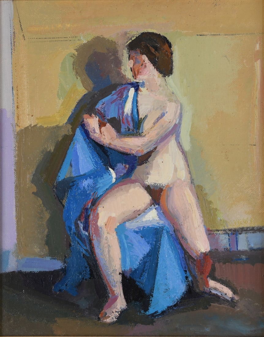 Lincoln Perry (b. 1949) Oil on Board: Oil on canvas board depicting a seated nude female figure draped with a blue cloth, signed L Perry on the reverse, framed. Lincoln Perry is a Post Modernist, known for his murals in Old Cabell Hall at