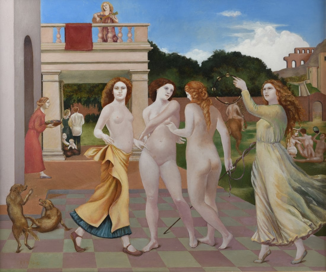 Elsie T. Russell (b.1956) Oil on Board: Oil on board depicting a classical figural scene with dancing female nudes in a garden setting, signed ETR and dated 79–81 lower left; reverse inscribed “Elsie Russell 1979–81.” Framed.
