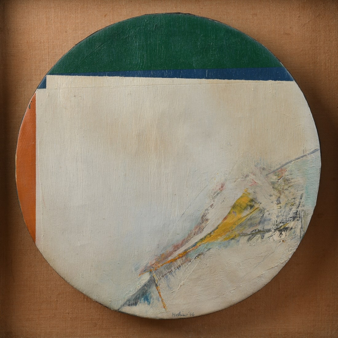 Budd Hopkins (1931 - 2011) Oil on Canvas: Untitled (#7), oil on circular canvas, signed and dated “Hopkins ’66” along the lower edge. An abstract composition incorporating geometric color bands and gestural passages in white, blue,