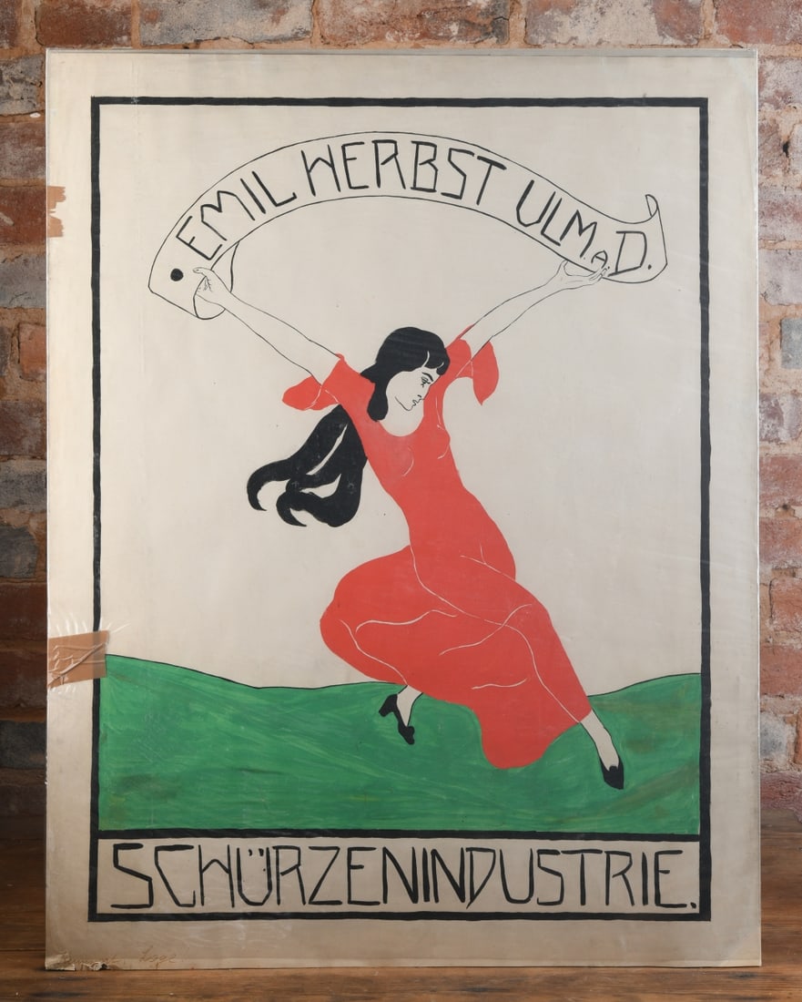 Original German Advertising Poster Design: Germany, circa 1900 - 1915, Large-format hand-painted advertising design for Emil Herbst Schürzenindustrie (apron industry). Executed in gouache and ink on heavy paper, the composition depicts a