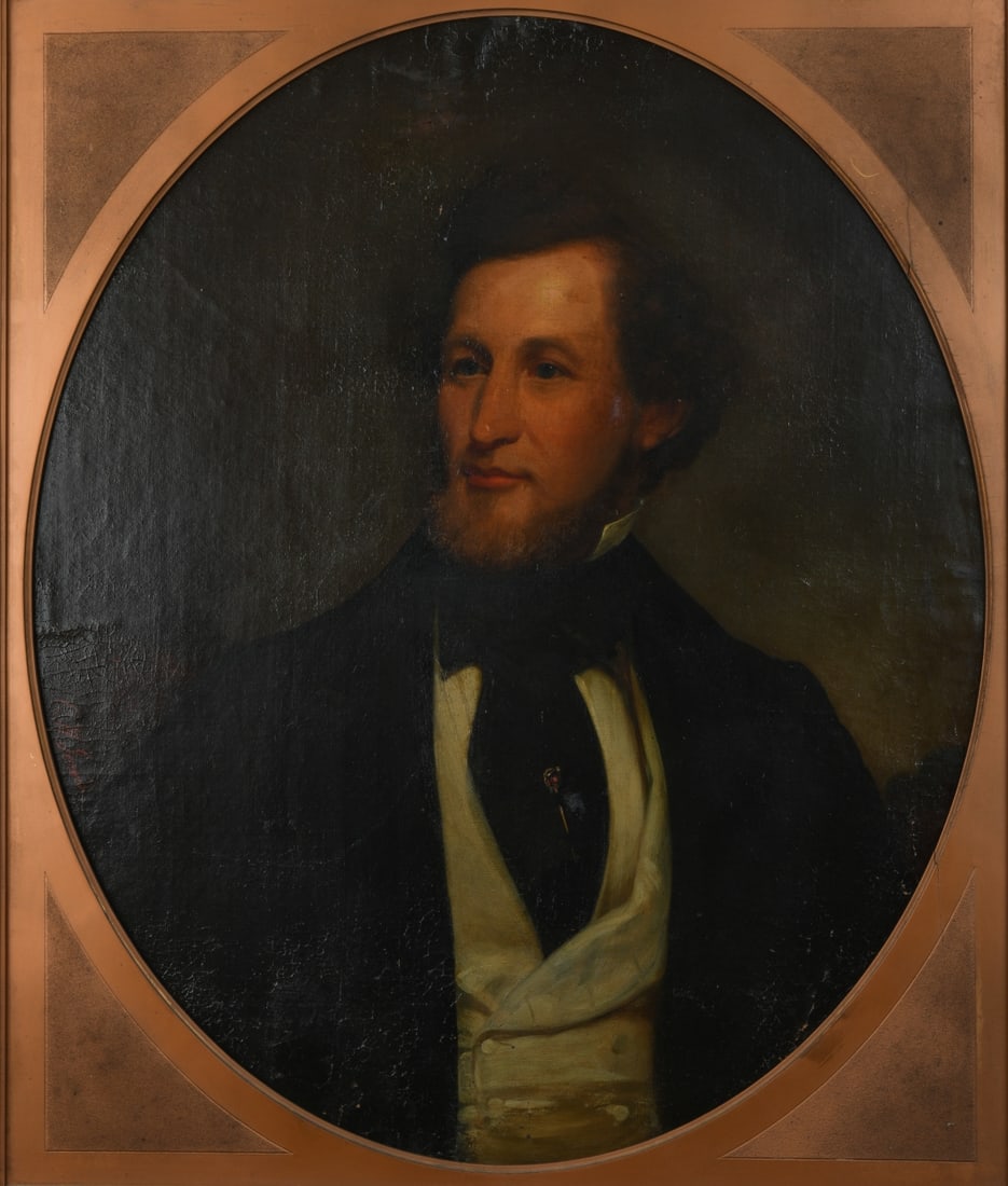 Charles Wesley Jarvis (American, 1812 - 1868): Oil on canvas depicting a gentleman with beard wearing a black coat, cravat, and white waistcoat against a dark ground, signed at left “C.W. Jarvis”, framed. Visible image: approx. 29 1/4" x