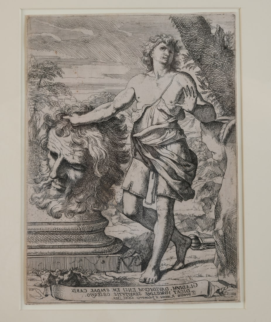 David with the Head of Goliath Antique Etching: After the original engraving by Ferrantes Rosatti (Italian, active mid-17th century), David with the Head of Goliath, matted and framed. Visible image: approx. 9 3/4" x 7 1/8". Frame: approx. 21 3/4"