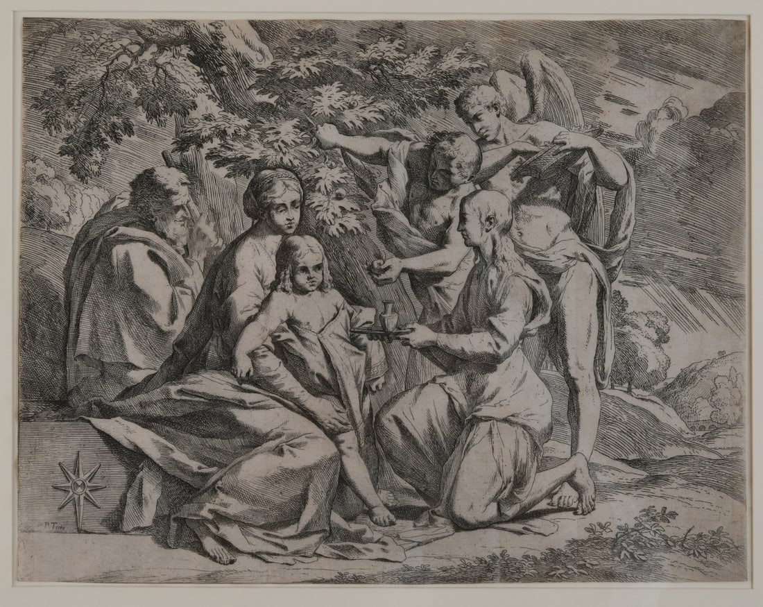 After Pietro Testa (Italian, 1612 - 1650): Santa Famiglia con Angeli, circa 1640s, etching depicting the Holy Family attended by angels. Trimmed close to the plate mark and framed; toning and scattered foxing visible. Not examined out of