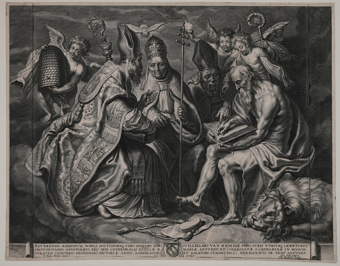 Cornelis Galle the Elder (Flemish, 1576–1650): Engraving after a design by Peter Paul Rubens (Flemish, 1577–1640), circa 1640, depicting the Four Fathers of the Latin Church—St. Augustine, St. Gregory the Great, St. Ambrose, and St.