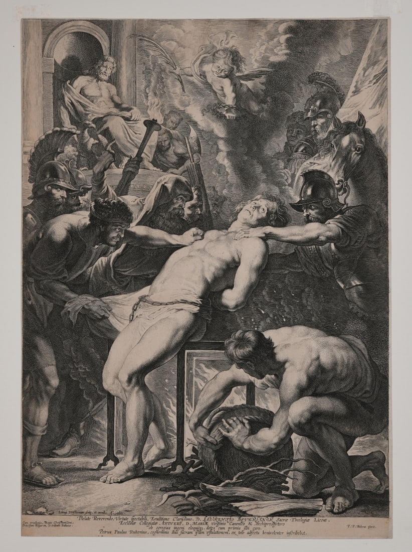 Lucas Vorsterman the Elder (Flemish, 1595–1675): Engraving after a design by Peter Paul Rubens (Flemish, 1577–1640), dated 1621, depicting the Martyrdom of Saint Lawrence, shown bound over a gridiron as executioners tend the fire while soldiers