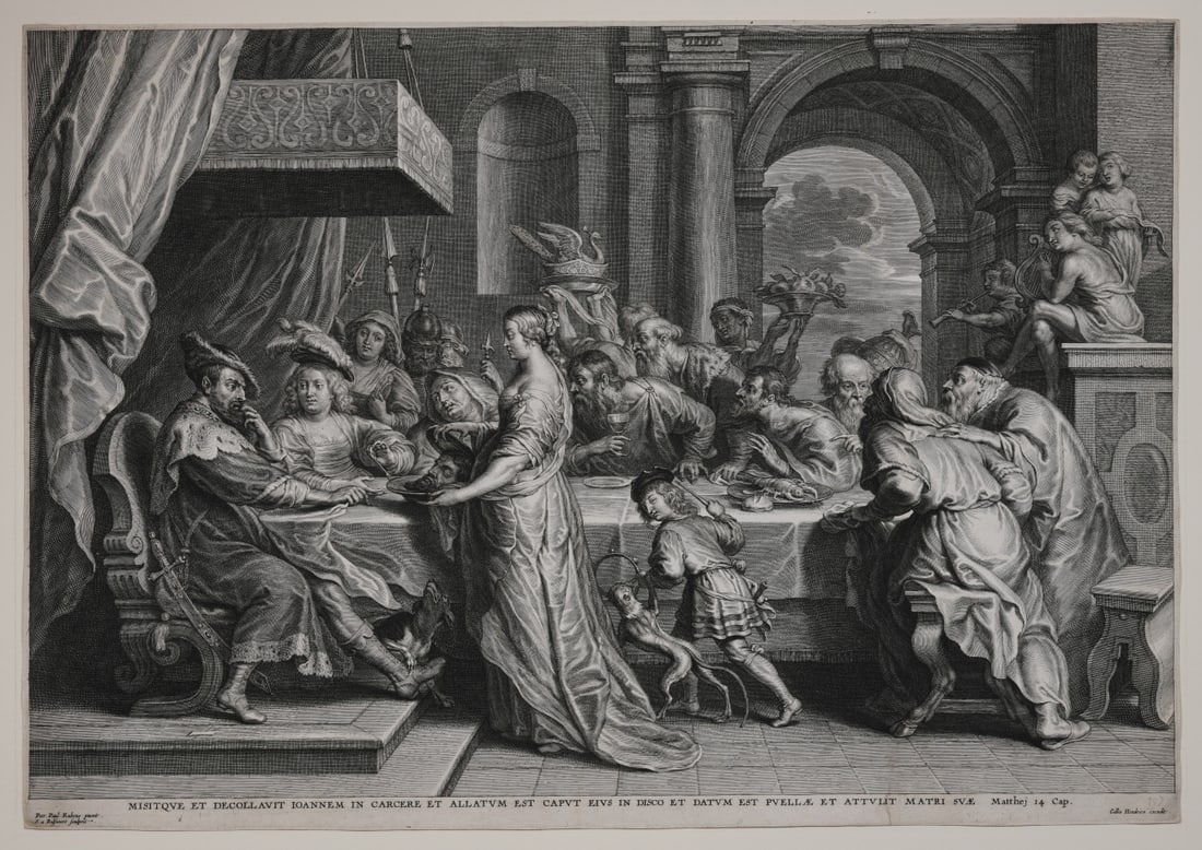 Schelte à Bolswert (Flemish, 1586–1659): Engraving after a painting by Peter Paul Rubens, depicting The Banquet of Herod, mounted with mat. Total sheet size: approx. 23 3/4" x 16 3/4". Mat: approx. 28" x 22". Provenance: The Collection of Da