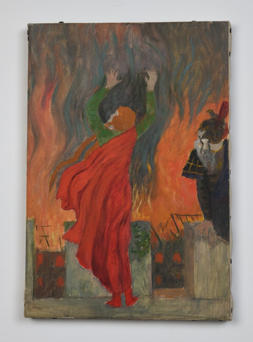 Gertrude Hozatko-Mediz (1893–1975): Oil on paper laid to canvas, Expressionist allegorical scene of a robed female figure raising her arms before a burning city, circa 1910s; unsigned, unframed, small tear to paper at lower left.