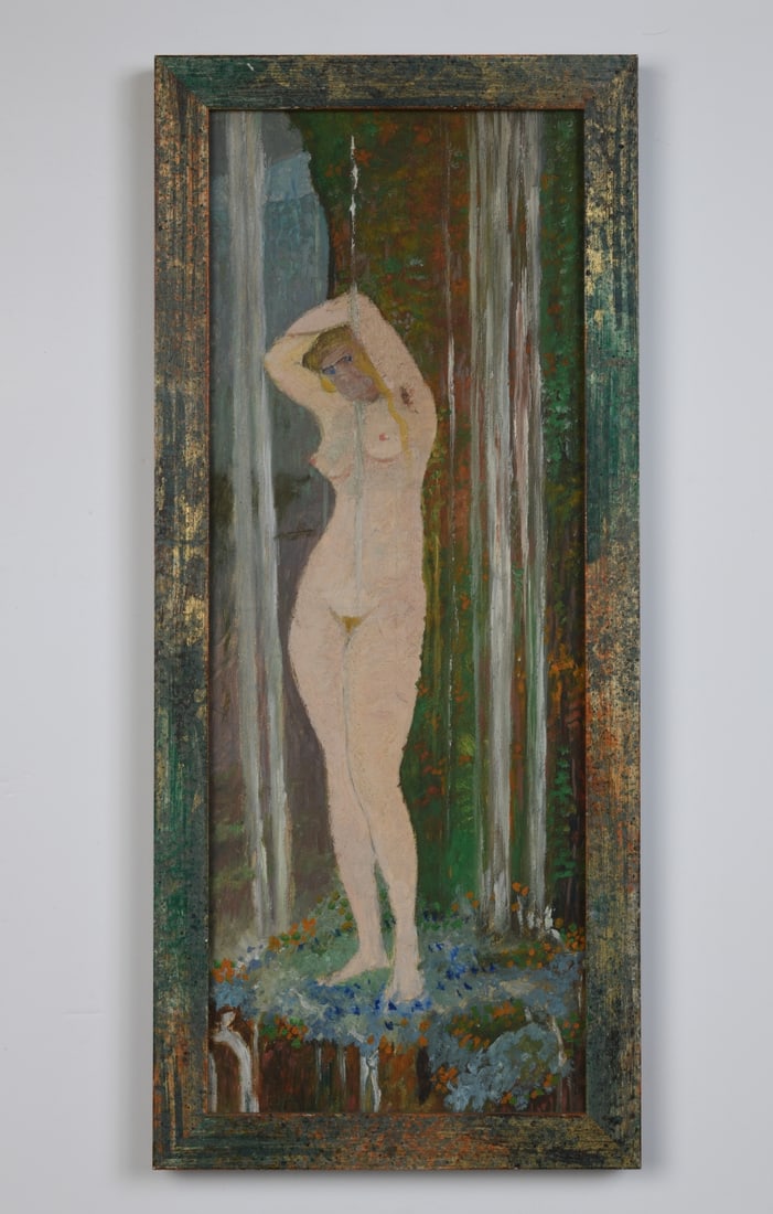 Gertrude Hozatko-Mediz (1893–1975): Oil on paper laid to canvas, Expressionist figure of a standing female nude in a wooded landscape, circa 1910s; unsigned, framed, minor surface wear and toning. Gertrude Hozatko-Mediz (1893–1975)