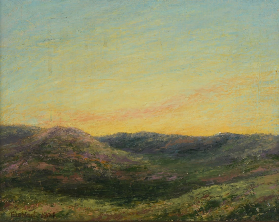 John Earhart (American, 1853–1938): Mountain landscape at sunset. Oil on board, signed and dated lower left “Earhart 1904.” Board with surface wear, scattered abrasions, discoloration / staining and small paint losses; frame