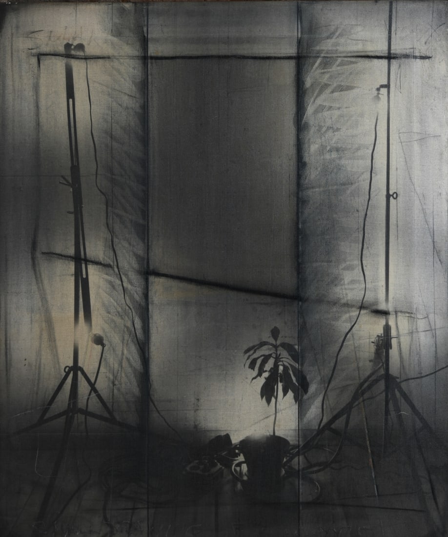 Lynton Wells (American, b. 1940): "Study for EEAD75", mixed media on photo-sensitized linen, 1975, depicting a conceptual studio arrangement with photographic silhouettes of lighting stands, cables, and a small potted plant against a
