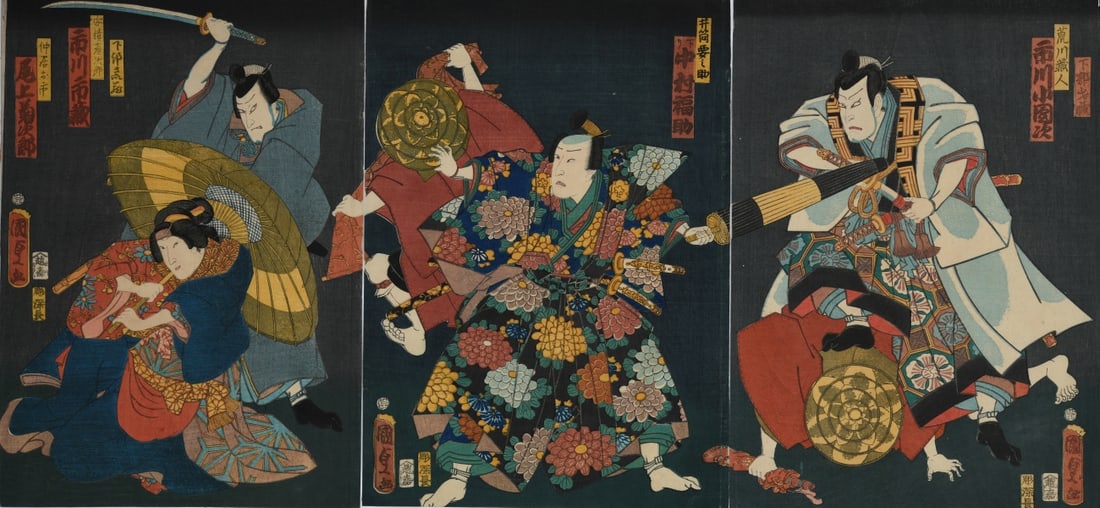 Utagawa Kunisada (Toyokuni III) Triptychs Group: Three kabuki theatrical triptychs depicting actors in dramatic roles, including a scene set against a deep cobalt blue ground, a supernatural composition before an intricate spider-web backdrop, and a