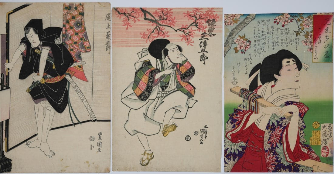Utagawa Kunisada (Toyokuni III) and Utagawa school: Group of eight Japanese woodblock prints depicting kabuki actors, historical and literary scenes, and bijin subjects in interior and outdoor settings, several signed in the design, Edo–Meiji period,