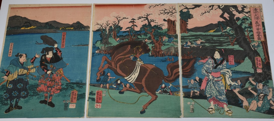 Utagawa School Woodblock Print Group: Five Japanese color woodblock prints, comprising one triptych (three separate sheets), one full-size single-sheet print depicting two figures beneath a parasol beside a riverbank, and one smaller-form