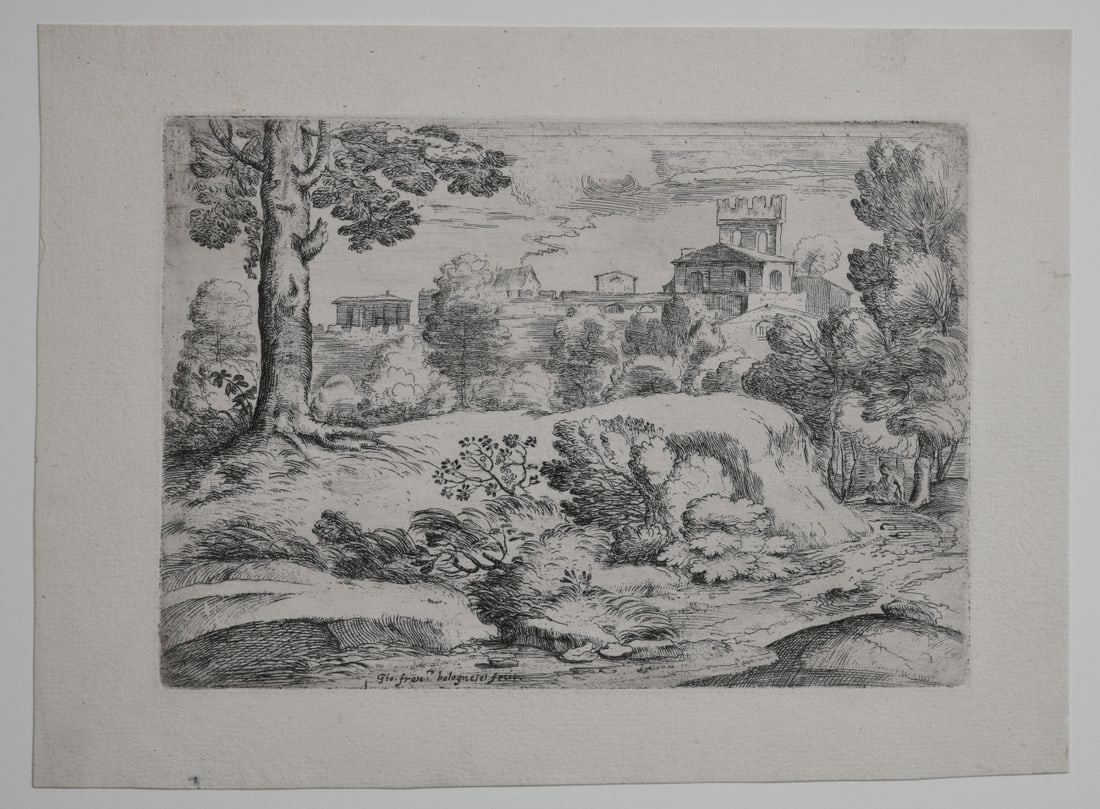 Giovanni Francesco Grimaldi (Bologna 1606–1680): Etching, mid-17th century. A pastoral Italianate landscape with a large tree at left, a winding stream and small bridge in the foreground, and a group of buildings with a tower and arched structures o