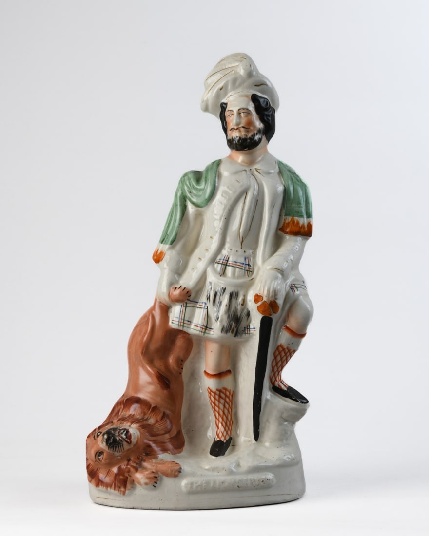 Staffordshire Pottery Figure - The Lion Slayer: Dimensions approx. 16 1/4" x 8". Our primary recommendation is to arrange shipping yourself using Blue Ridge Pack & Ship. Most bidders find this is the most economical route. Simply reach out to them