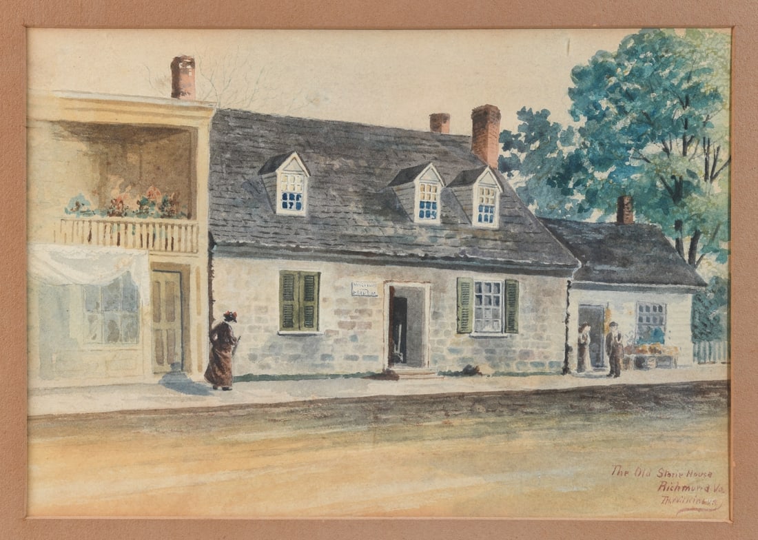 The Old Stone House, Richmond, Virginia: Charming watercolor on paper depicting the “Old Stone House” in Richmond, Virginia, traditionally regarded as one of the city’s oldest surviving residences. Late 19th / early 20th century. I