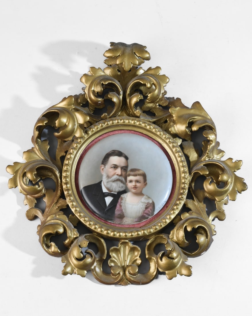 19th C. Portrait of a Gentleman and Child: 19th century portrait miniature on porcelain of a gentleman and child. Signed "FM Beck?".Presented in an ornate gilt frame. Frame approx. 12" x 12". Sight 4 5/8" x 4 5/8". Our primary recommendation i