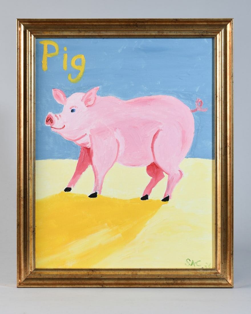 Scott Cilley (American, b. 1957) Oil on Canvas: A charming and humorous depiction of a pink pig set against a simplified landscape, inscribed “Pig” in bold lettering above. Signed and dated lower right, "SAC 25". Frame approx. 15 5/8" x 12