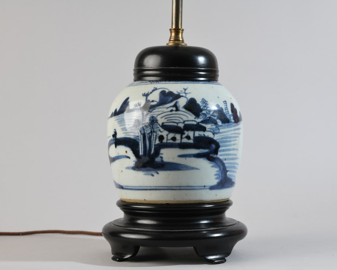 Chinese Blue and White Porcelain Jar Table Lamp: Dimensions apporx. 22" x 6 3/4" x 6 3/4". Our primary recommendation is to arrange shipping yourself using Blue Ridge Pack & Ship. Most bidders find this is the most economical route. Simply reach out
