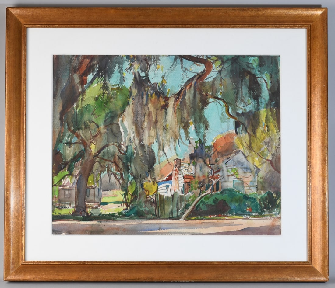 20th Century Watercolor Landscape: Unsigned watercolor depicting a tree-filled landscape with hanging moss and houses. Frame approx. 34 3/4" x 29 3/4". Sight approx. 25" x 19 3/4". Our primary recommendation is to arrange shipping your