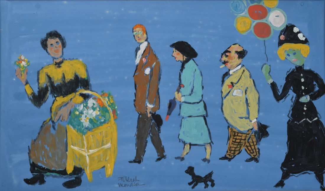 Fikret Mualla (Moualla) (1903–1967): Promenade à la foire, circa 1960. Gouache on paperSigned lower center “Fikret Moualla.” Frame approx. 25 1/4" x 16 1/4". Sight approx. 21 5/8" x 12 5/8".Authenticated by Marc Ottavi. This