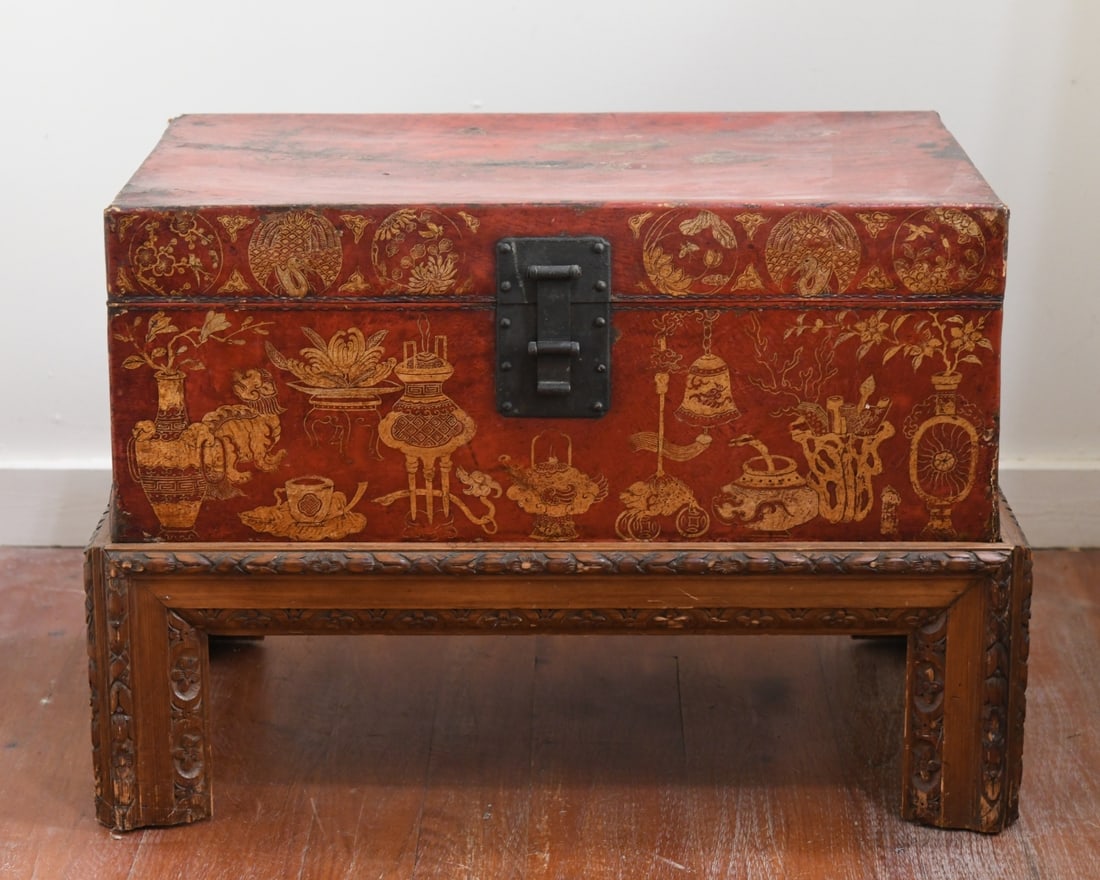 Chinese Red Leather Trunk on Stand (1 of 11)