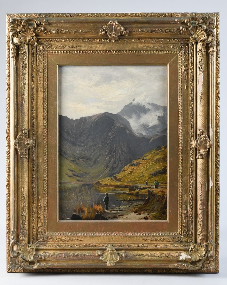 Mountain Lake Landscape with Figures: A 19th-century oil on board landscape depicting a mountainous lake scene with figures along the shoreline. Signed to verso, "J. Elliot." Frame approx. 22 1/2" x 18 1/2". Sight approx. 13 1/2" x 9