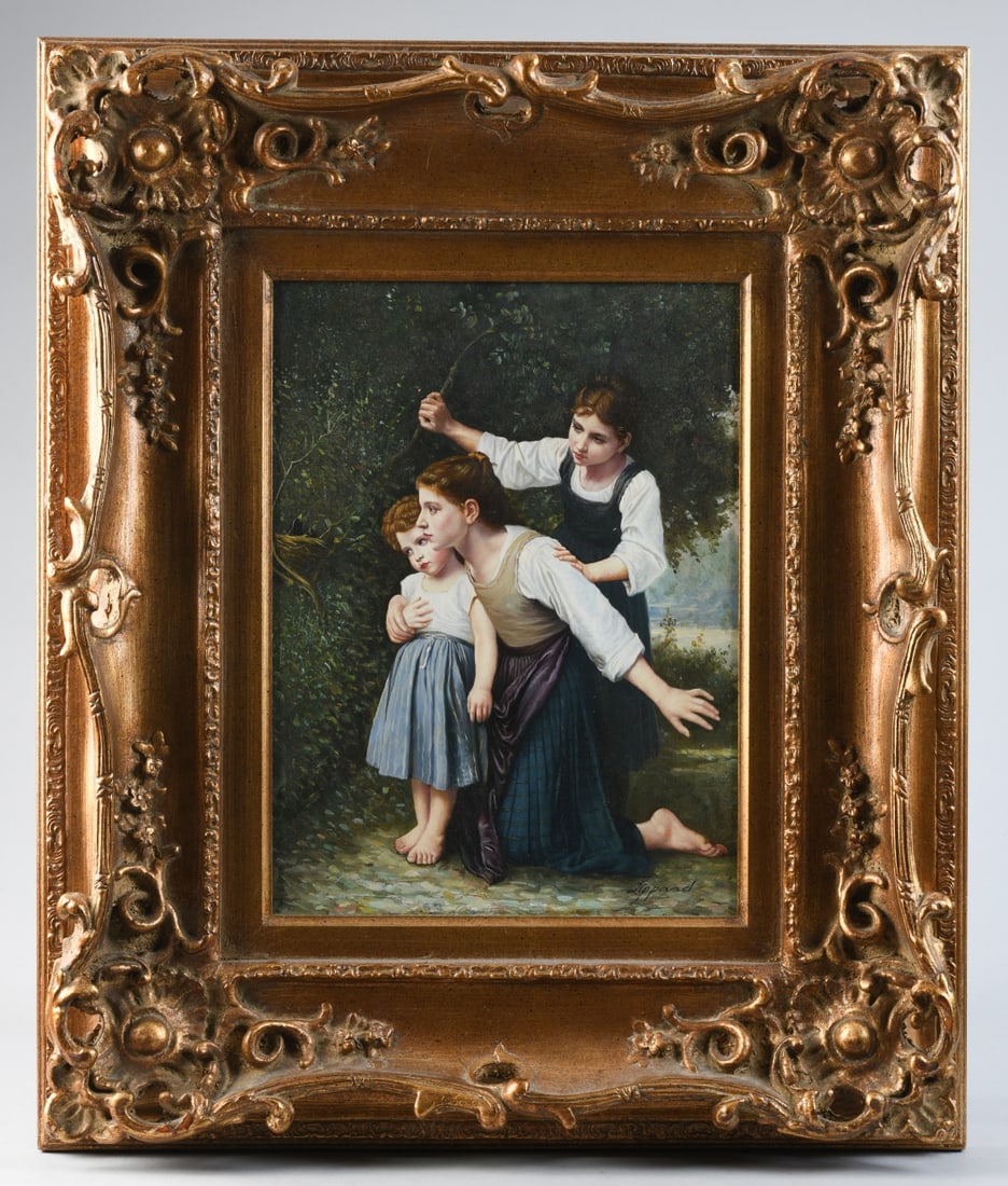 Oil on Canvas of Children with Bird’s Nest: A finely executed genre scene depicting three children gathered at the edge of a wooded path, examining a bird’s nest nestled among foliage. Signe, "Lippard," lower right. Oil on canvas, 20th