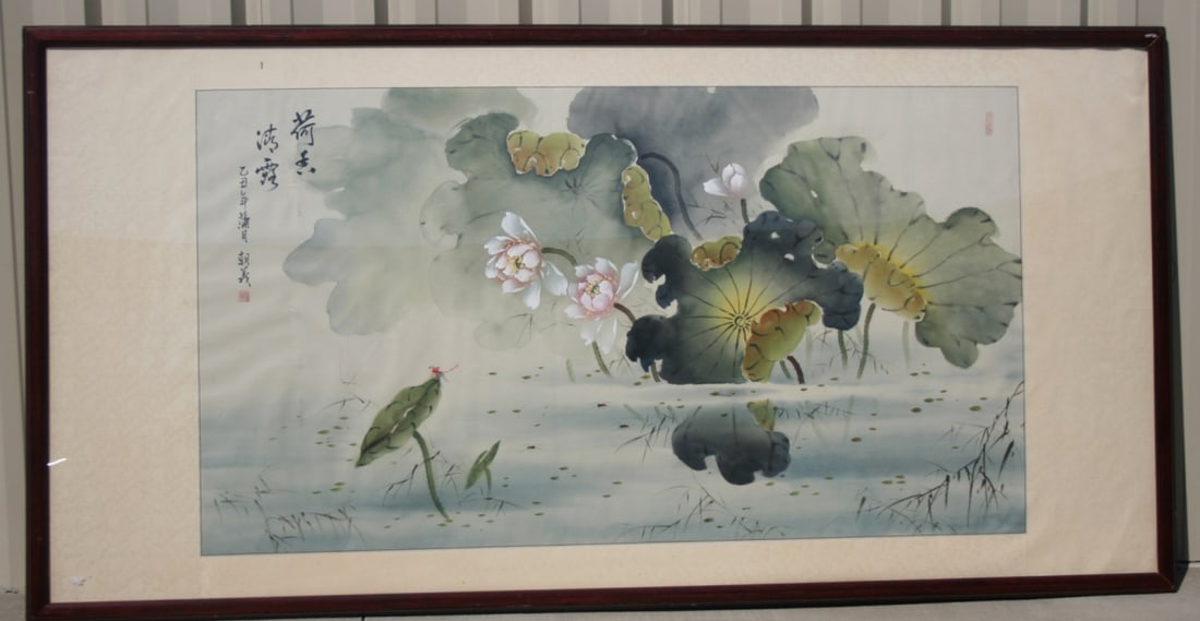 Large Vintage Chinese Scroll Painting: Flowers and Lotus pads. Ink and color on paper,calligraphy and seals, mounted on silk border, framed. Can be shipped without frame. Sight size 72" X 35" overall 95" X 48". Our primary recommendation i