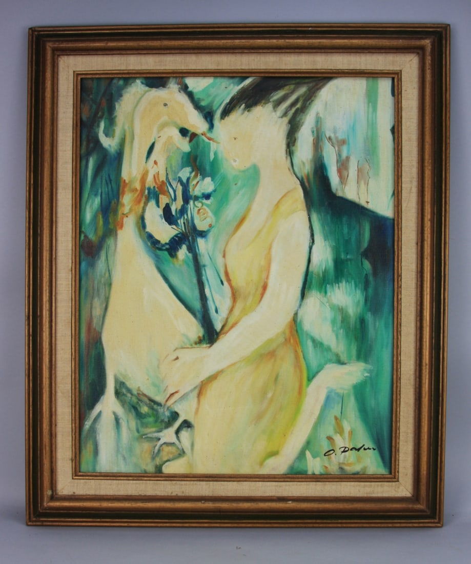 Mid Century Modern Abstract Painting: Mid Century Modern Abstract oil on canvas depicting a woman and a bird (Leida and the Swan?), framed,signed lower right "O. Dal???". Sightsize 16" X 20" overall 21" X 25".Our primary recommendation