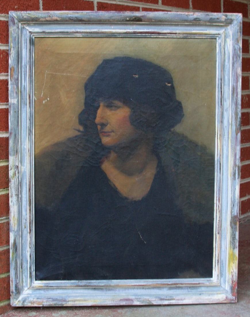 Art Deco portrait of a Woman: Oil on canvas, framed. Acquired in Chicago, this appears to be a socialite from the 1920s?. Two small punctures and two light scratches. Unsigned. Sight size 18" X 24", overall in the frame 22