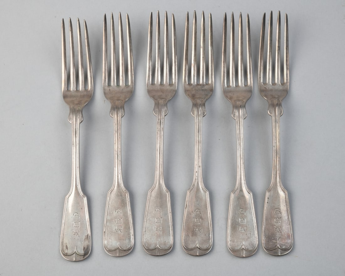 6 John Cox & Co. (New York) Coin Silver Forks: All monogrammed. L: approx. 7 3/4". Total weight: approx. 9.93 ozt. Our primary recommendation is to arrange shipping yourself using Blue Ridge Pack & Ship. Most bidders find this is the most economic