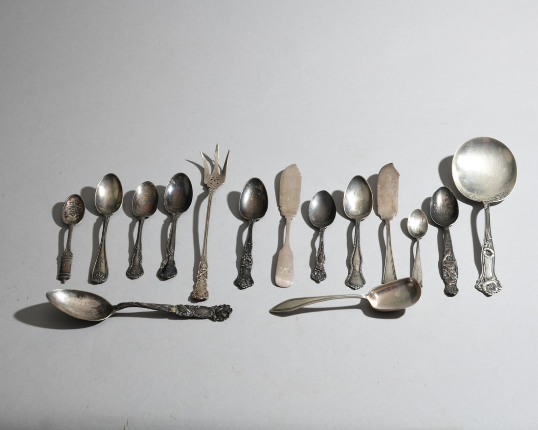 Mixed Grouping Sterling Silver: Various makers and marks, 13 pieces, all marked sterling. Longest: approx. 8 1/2". Total weight: approx. 13.60 ozt.Our primary recommendation is to arrange shipping yourself using Blue Ridge Pack &