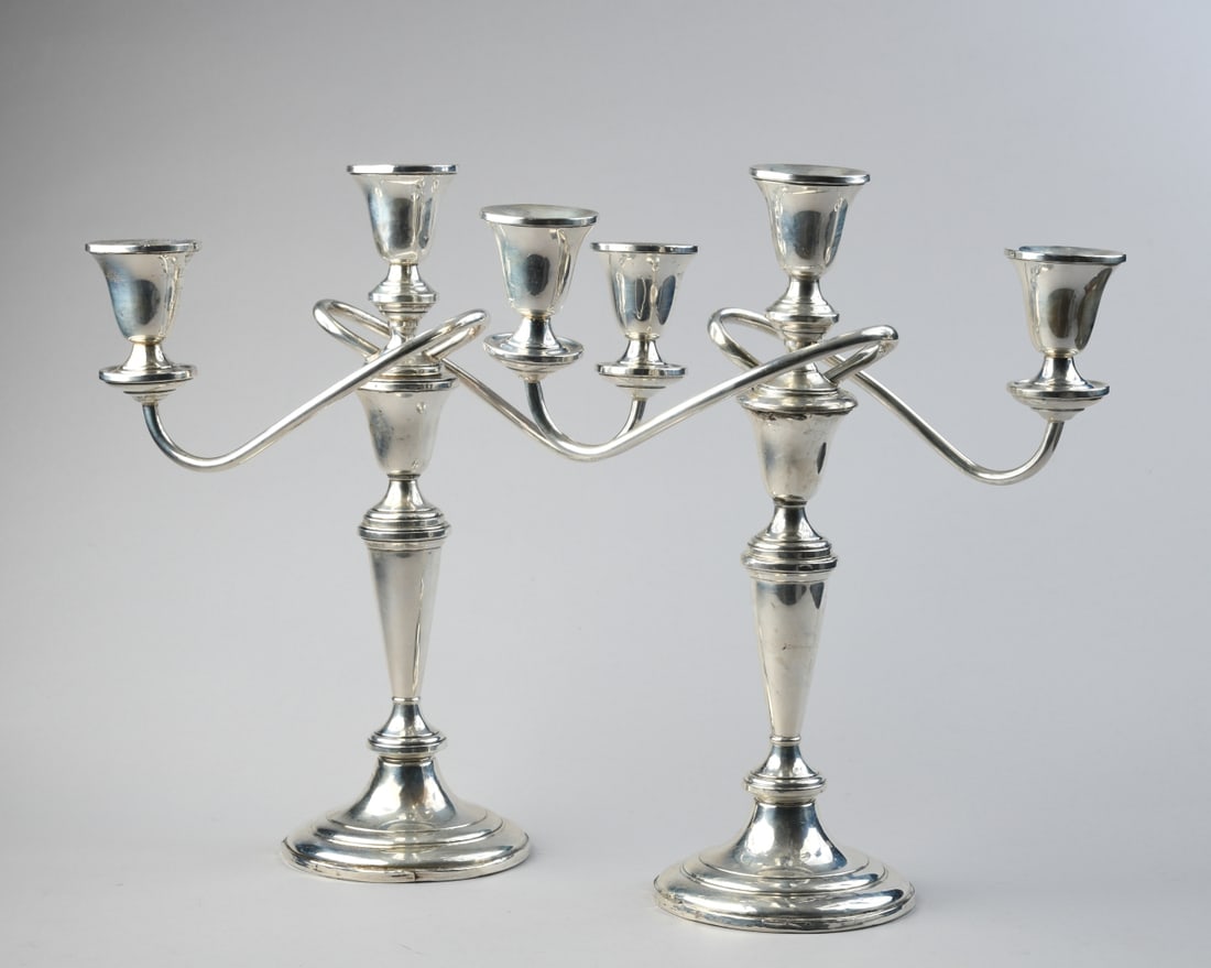 Pair Fisher Weighted Sterling Candelabra: Some damage, one set of arms doesn't properly thread into base, as found condition. H: approx. 12 1/2", approx. 10 3/4" from arm-to-arm.Our primary recommendation is to arrange shipping yourself