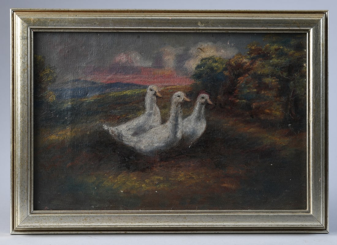 Antique Oil on Canvas Ducks in a Landscape: Circa late 19th / early 20th century, unsigned, depicting three ducks in a rural setting with trees and distant hills under a warm-toned sky, in later frame, visible craquelure, some surface wear and