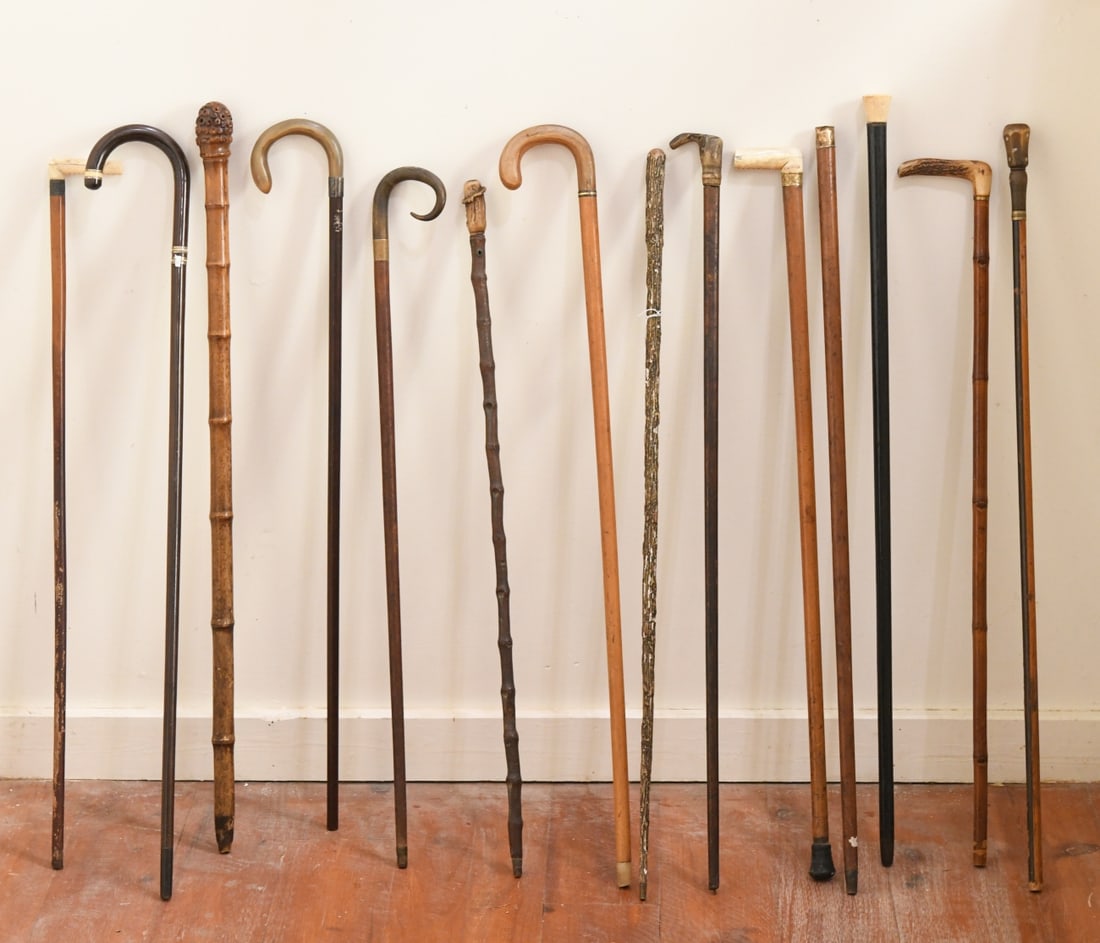 Assorted Antique Walking Sticks and Canes: Fourteen, including multiple straight shaft sticks and examples with crook, derby, or angular handles. Handle materials include horn and wood; several with bone grips and some with metal collars or fe