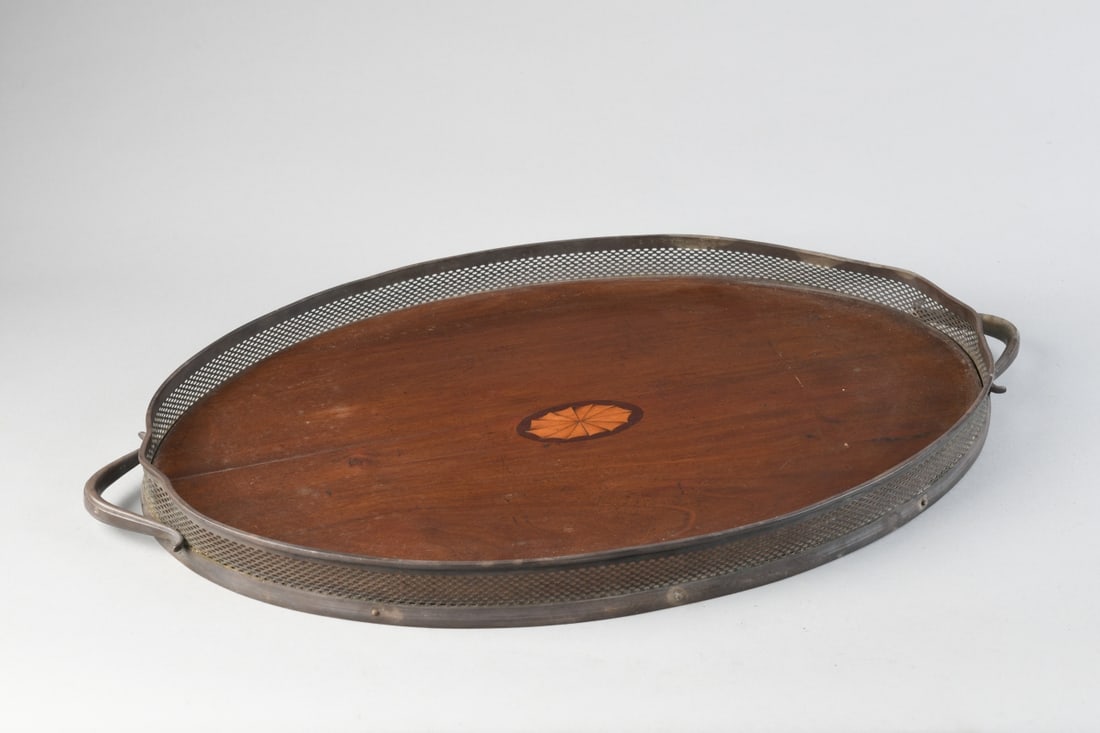 Antique Inlaid Galleried Tray: Double handle serving tray with pseudo-hallmarks to underside. Approx. 24" x 14 1/4" x 1 5/8".Our primary recommendation is to arrange shipping yourself using Blue Ridge Pack & Ship. Most bidders