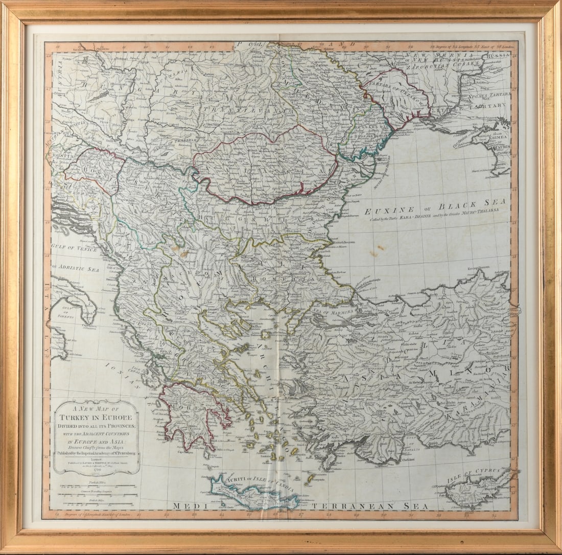 2 Maps, Eastern Mediterranean and Near East: Both framed, one titled “A New Map of Turkey in Europe, Divided into all its Provinces…” (English, published in London), depicting the Balkans and Black Sea region with outline color. The