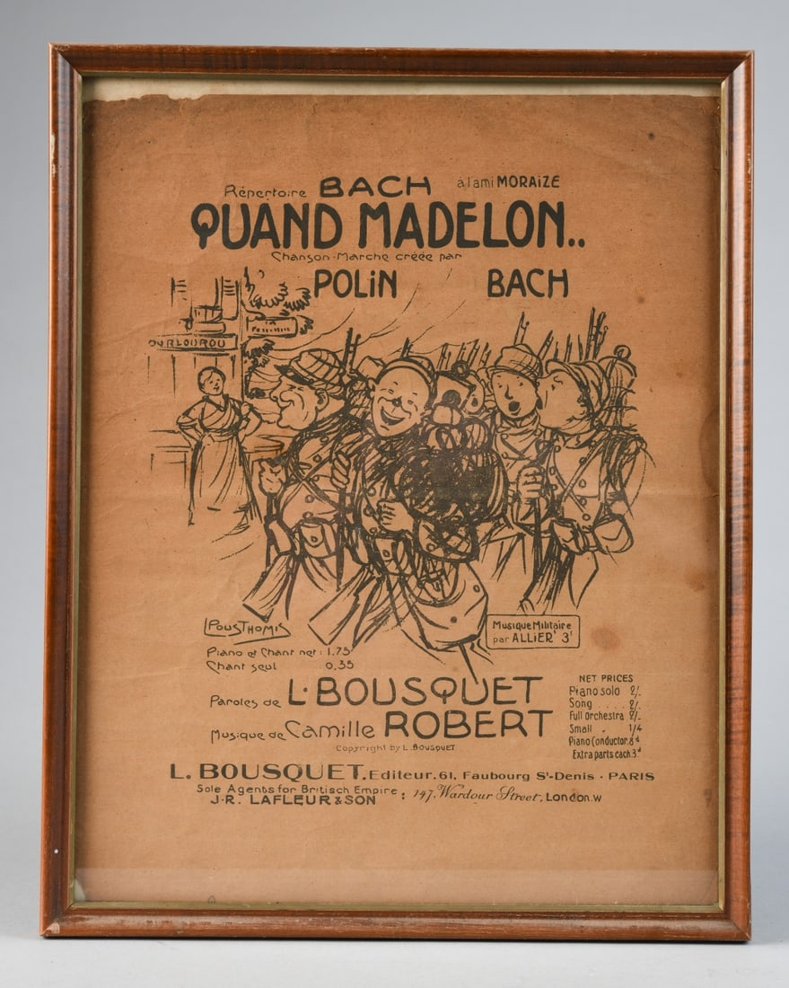 Framed “Quand Madelon?? Sheet Music: Printed sheet music cover on paper, French, early 20th century, illustrated cover with marching soldiers and a woman at left, framed. Visible image: approx. 13 1/4" x 10 1/2". Frame: approx. 14 3/4"