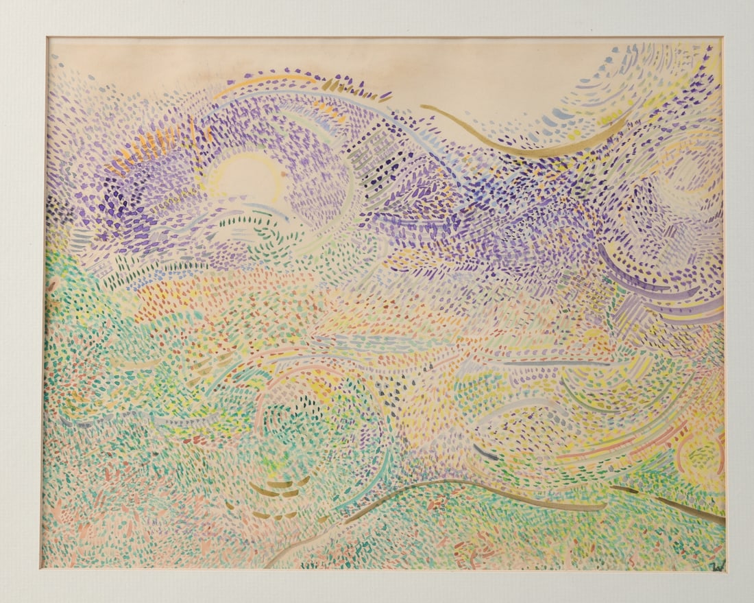 Ashlin Wyatt Smith “Evensong: Casein on paper, signed/inscribed verso “Evensong / Casein on paper / Ashlin Wyatt Smith / Charlottesville / 1976.” Abstract composition in dotted and curvilinear forms in purple, green,