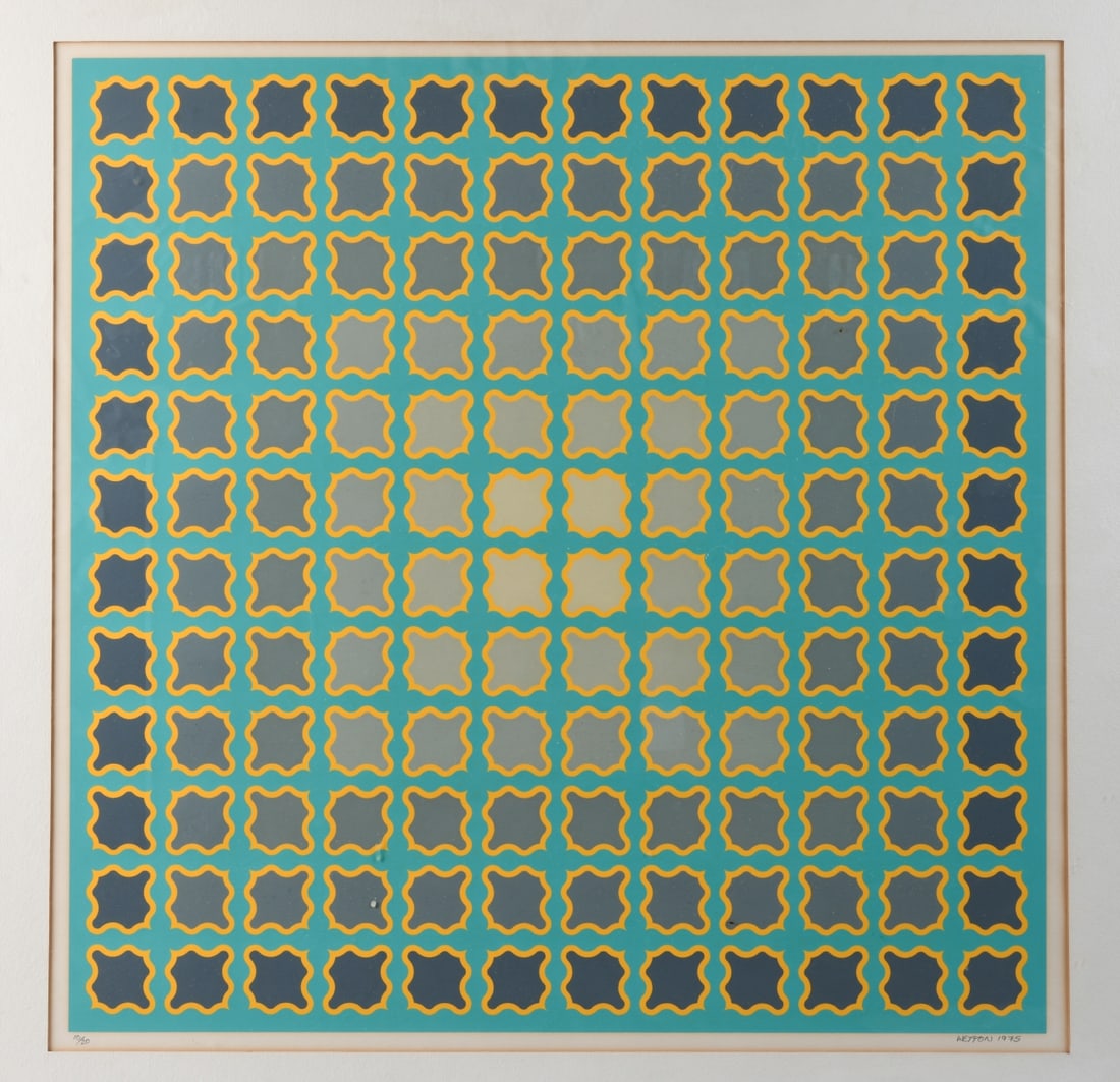 "Wetton" Geometric Screenprint, 1975: Screenprint in colors on paper, “Wetton 1975” to lower right and numbered “10/20” lower left. Matted and framed. Newspaper clipping verso with biographical information on artist James