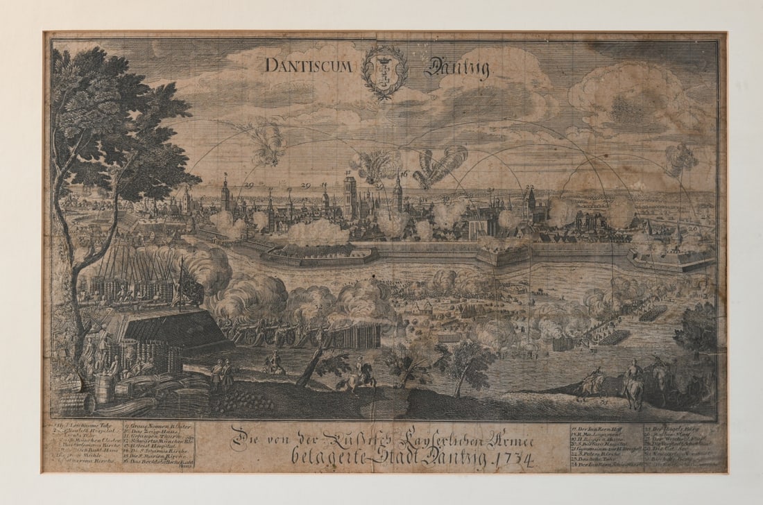 Antique Engraving of Danzig Siege 1734: Engraving on paper, titled “Dantiscum / Dantzig” with lower inscription referencing the siege of the city in 1734. Panoramic view depicting fortifications, troops, and bombardment, matted and